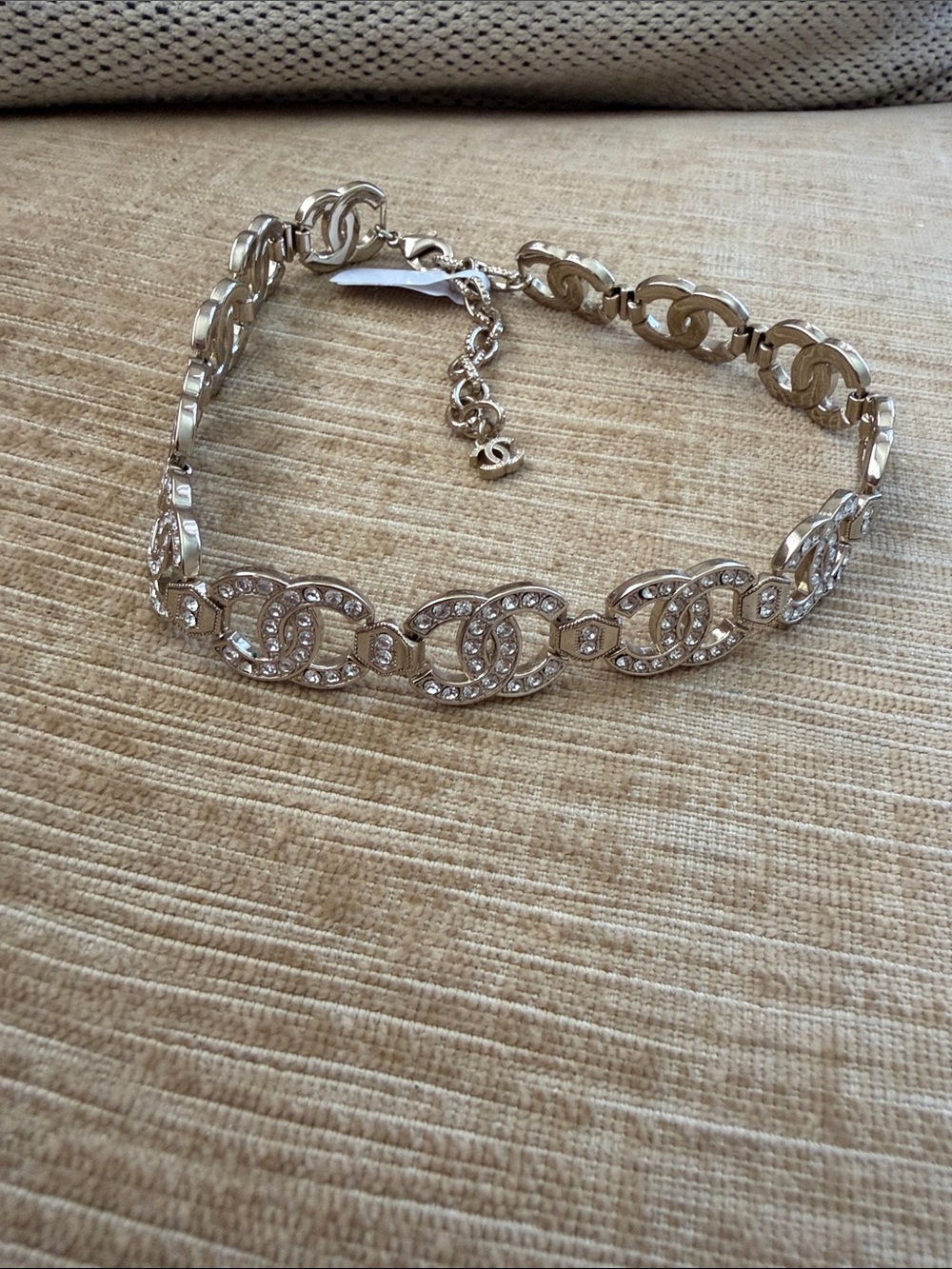 CHANEL Silver-Tone Crystal CC Link choker Necklace